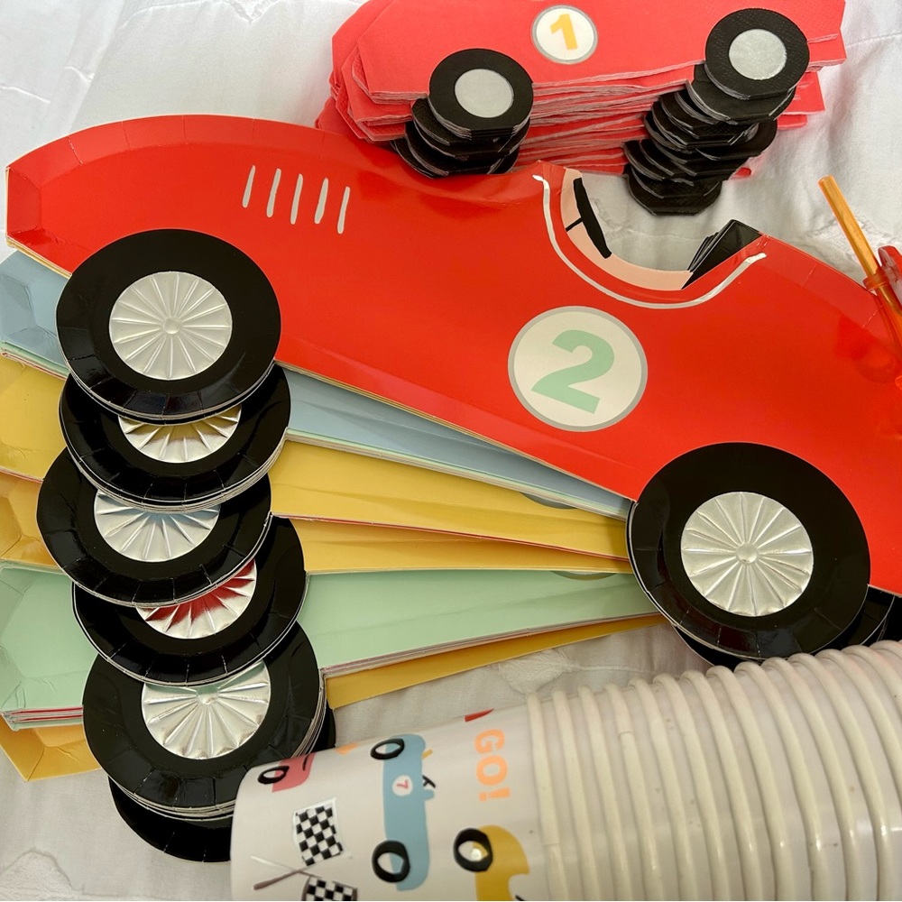 Meri Meri race car themed plates, straws, cups and napkins